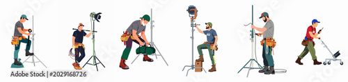 Cuadro en lienzo Illustrations of film crew lighting technicians and grips working with professional equipment on a movie production set, isolated on white background