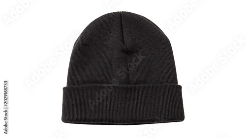 Classic plain black cotton beanie hat template mockup front view for winter apparel fashion design on transparent background