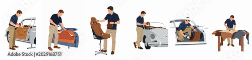 Konstfotografi Series of illustrations showing a craftsman performing professional car interior restoration, upholstery, and leather work on a vintage classic automobile