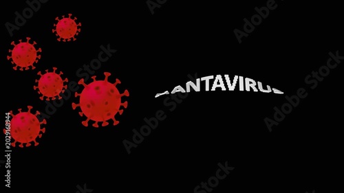 3D Animated Hantavirus Typography Spinning and Distorting with Red Virus Microorganism Particles on Black Background Loop