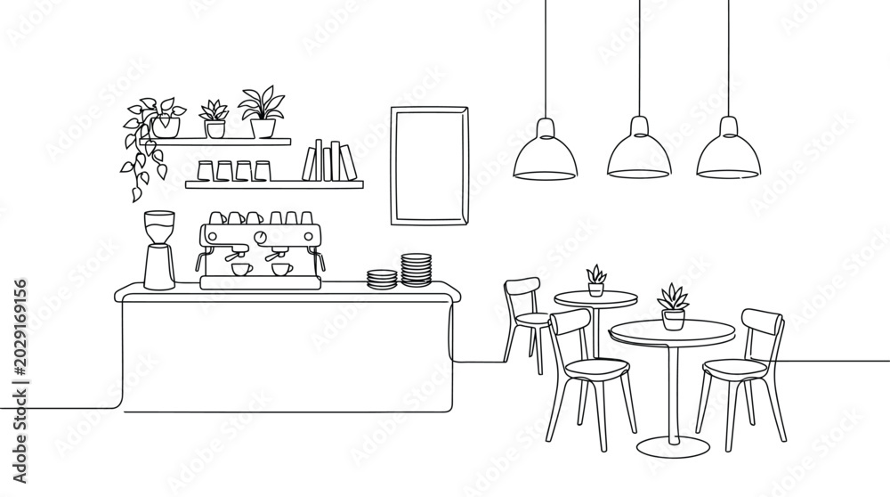 Fototapeta premium Continuous One Line Drawing of Modern Coffee Shop Interior Cafe Counter and Seating Area