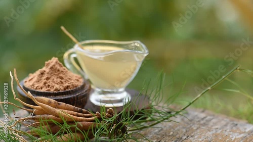 Shatavari roots, powder and extract on natural background.