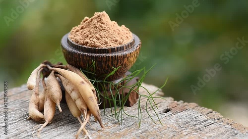 Shatavari roots and powder on natural background.