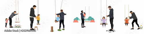 Fotografie Set of flat vector illustrations depicting a father playing and interacting with his young daughter on a swing set