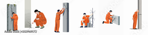 Obraz na płótnie Collection of prisoners in orange jumpsuits interacting with cracked concrete walls, symbolizing confinement, isolation, hope, and the psychological impact of incarceration