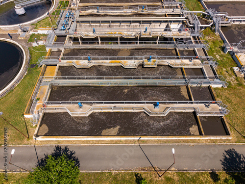 Water treatment facility with multiple tanks and machinery in operation