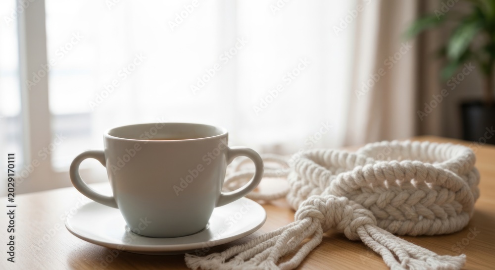 Fototapeta premium Cozy morning scene - Coffee cup and scarf on wooden table.