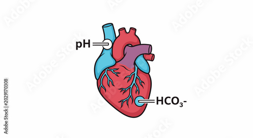 Foto Vector illustration of a human heart with pH and HCO3- labels, representing blood gas analysis, acid-base balance, or cardiovascular health concept