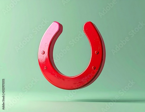 A vibrant, glossy, red horseshoe levitates against a soft-greenish backdrop, studio-shot, 3D