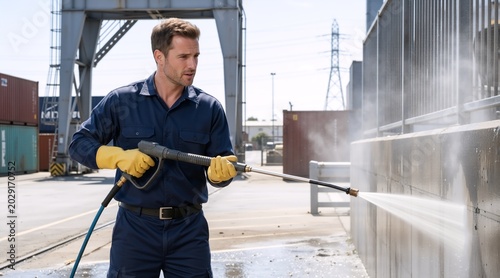 Worker using high pressure power washer on concrete wall. Professional man in blue uniform cleaning industrial exterior. Pressure washing service concept