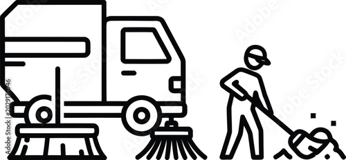 Canvastavla Vector illustration of street sweeper truck and worker with public works cleanin