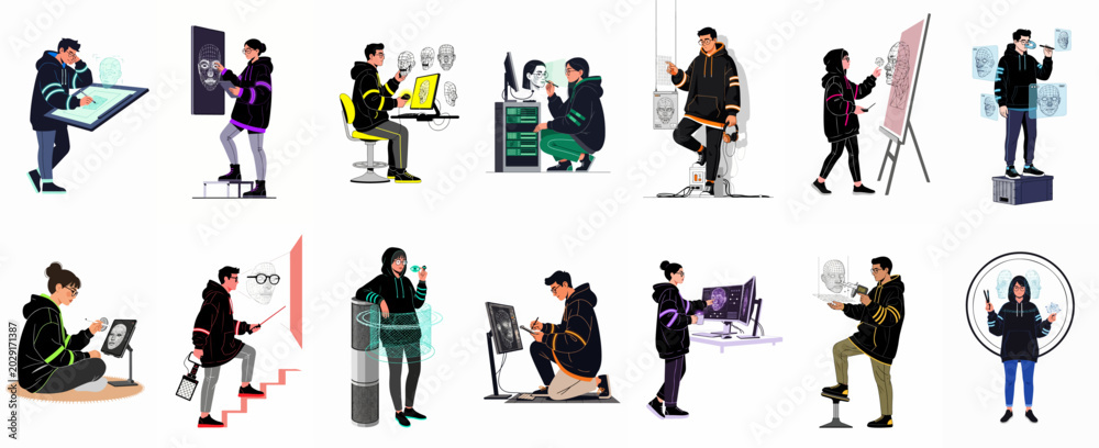 Fototapeta premium Set of flat vector illustrations depicting young tech professionals working with 3D modeling, artificial intelligence, facial recognition, and futuristic digital design interfaces.
