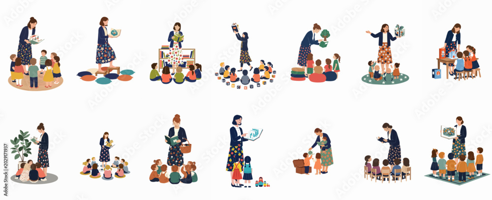 Fototapeta premium A collection of illustrations depicting a teacher reading stories and interacting with preschool children in diverse classroom and library settings.