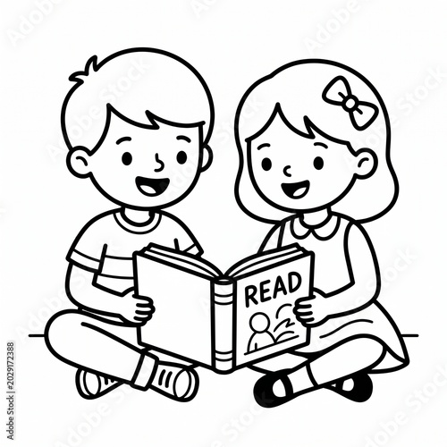 Cute Children Reading Book Vector Illustration