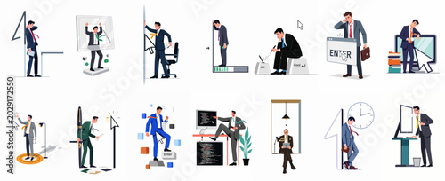 Konstfotografi Set of diverse vector illustrations showing businessmen experiencing stress, burnout, and digital challenges in a modern corporate work environment