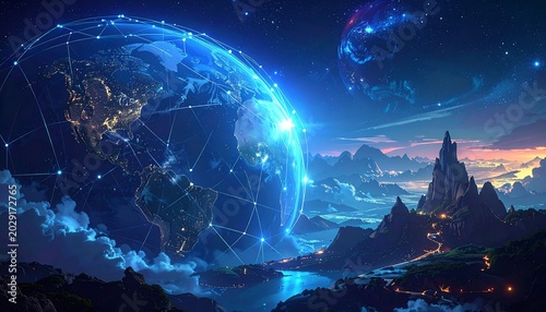 A vibrant cosmic landscape with an illuminated Earth, connected with lines of light, near a bright planet and silhouetted mountains