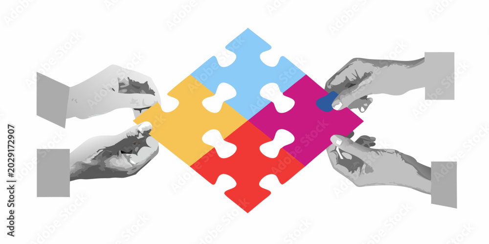 Fototapeta premium hands connecting colorful jigsaw puzzle pieces on white background
