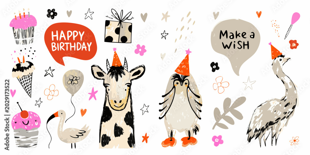 Fototapeta premium whimsical vector birthday collage with animals and party elements