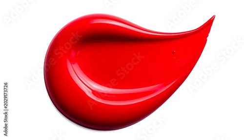 A vibrant, glossy, red swatch with smooth curves and a dynamic droplet shape on a bright white background