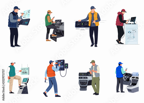 Tableau sur toile Set of illustrations featuring men interacting with electric vehicle technology, including smart dashboards, charging stations, and digital interfaces in a flat design style