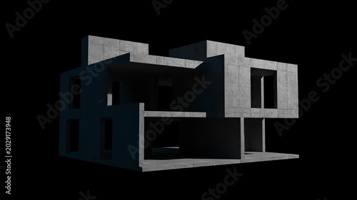 A modern concrete building structure is revealed from a wireframe. This architectural animation showcases a minimalist design on black.