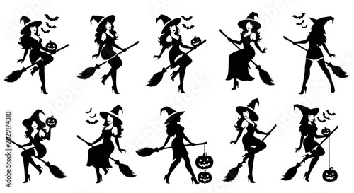 Obraz na plátne Halloween Witch Silhouettes Collection: Flying on Broomsticks with Bats and Pump