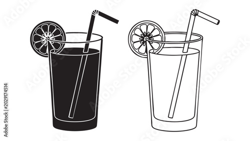 Black and white vector drinks with straws and citrus garnish