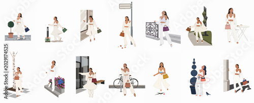 Valokuva A set of flat vector illustrations featuring a fashionable woman in elegant white outfits posing in various urban settings with designer handbags