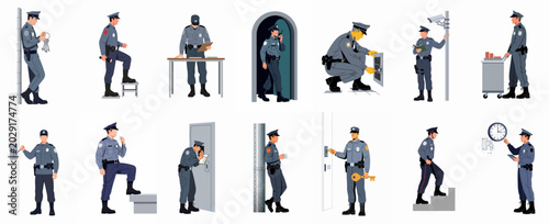 Tableau sur toile Flat Vector Illustration Set of Male Security Guards in Uniform Performing Vario