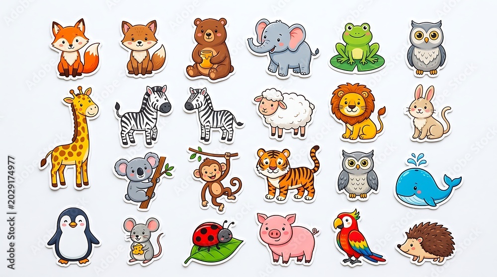 Fototapeta premium Adorable animal stickers with cheerful expressions