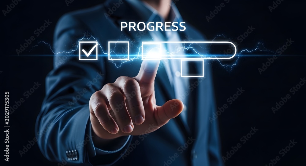 Obraz premium Businessman marking checklist with progress bar project management and completion concept