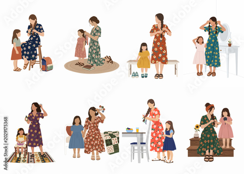 Принти на полотні A collection of flat illustrations showing mothers and daughters bonding through hair braiding and daily morning routines in colorful floral dresses