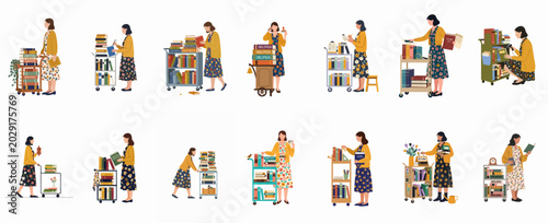 Bild auf Leinwand Set of flat vector illustrations depicting a female librarian organizing, shelving, and transporting books using various carts in a professional library setting