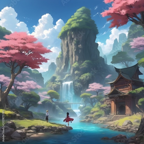 Fantasy Valley Waterfall with Temple and Vibrant Foliage
