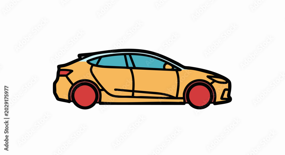 Fototapeta premium Simple cartoon yellow car with red wheels side view illustration.