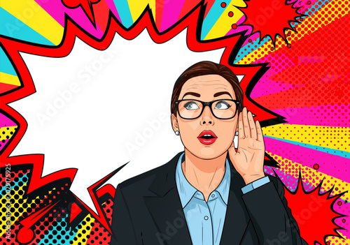 Vibrant Pop Art Businesswoman Listens Intently, Hand Cupped to Ear with a Surprised Expression, Capturing News