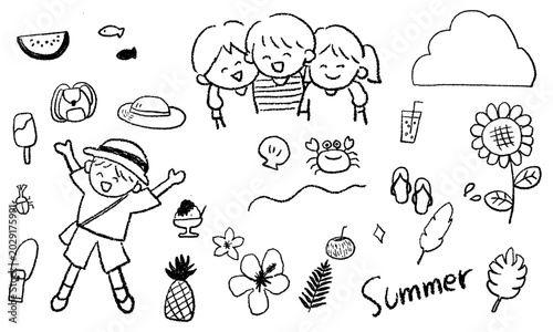 夏が大好きな子供の楽しい夏休みの手描きアイコンセット