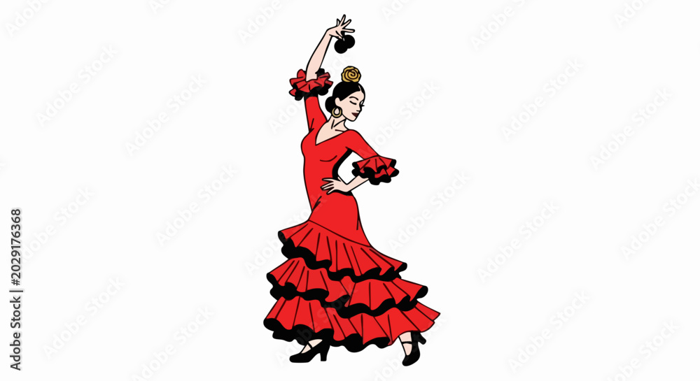 Obraz premium Flamenco Dancer in Red Dress with Castanets, Performing Traditional Dance.