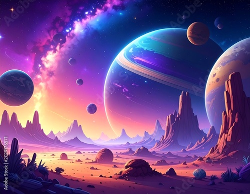 A vibrant cosmic landscape with giant ringed planets, mountains, nebulae, and stars in a stylized, painted style