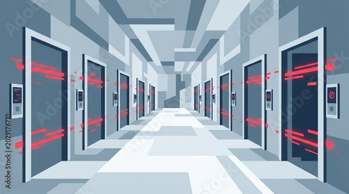 Data Center Corridor Background for AI Infrastructure and Cloud Computing Design with Red Data Lines