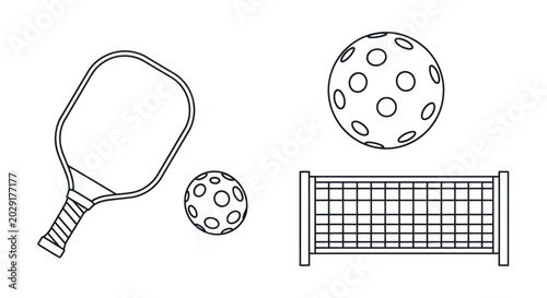 Fotografi Pickleball Racket, Balls, and Net - Line Art Vector Illustration