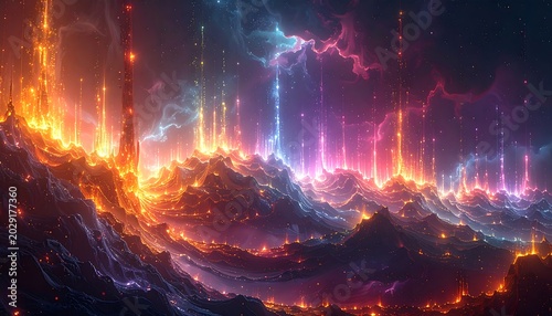 A vibrant cosmic landscape with luminous pillars rising from fiery, cloud-like formations under a swirling, multicolored sky
