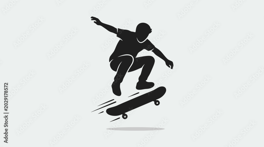 Fototapeta premium A minimalist flat vector silhouette illustration of a skateboarder performing an aerial trick.