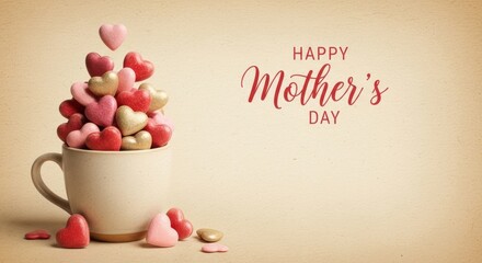 Heartfelt Celebration for Mother's Day: A delightful mug overflows with a cascade of vibrant heart-shaped candies, symbolizing love and appreciation, set against a soft, warm background.