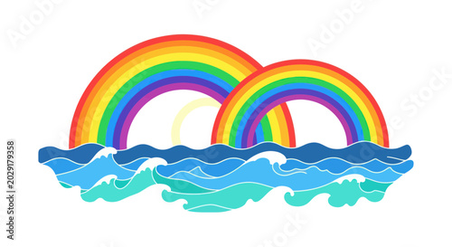 Photos Double Rainbow Over Wavy Ocean Water, Bright Colors, Hopeful Symbol