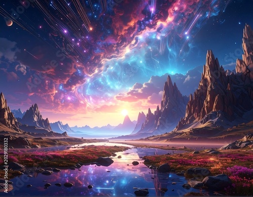 A vibrant cosmic landscape with majestic mountains, flowing river reflecting sunset and ethereal nebulas. Flowers in the foreground and stars