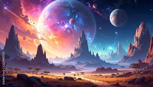 A vibrant cosmic landscape with mountainous terrain, planets, and a colorful, nebula-filled sky