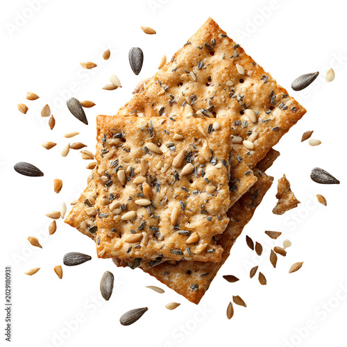 Stack of seed crackers on white background