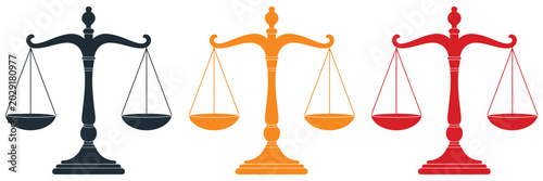 Foto Scales of Justice Icon Set with Colorful Legal Balance Symbols for Law, Fairness