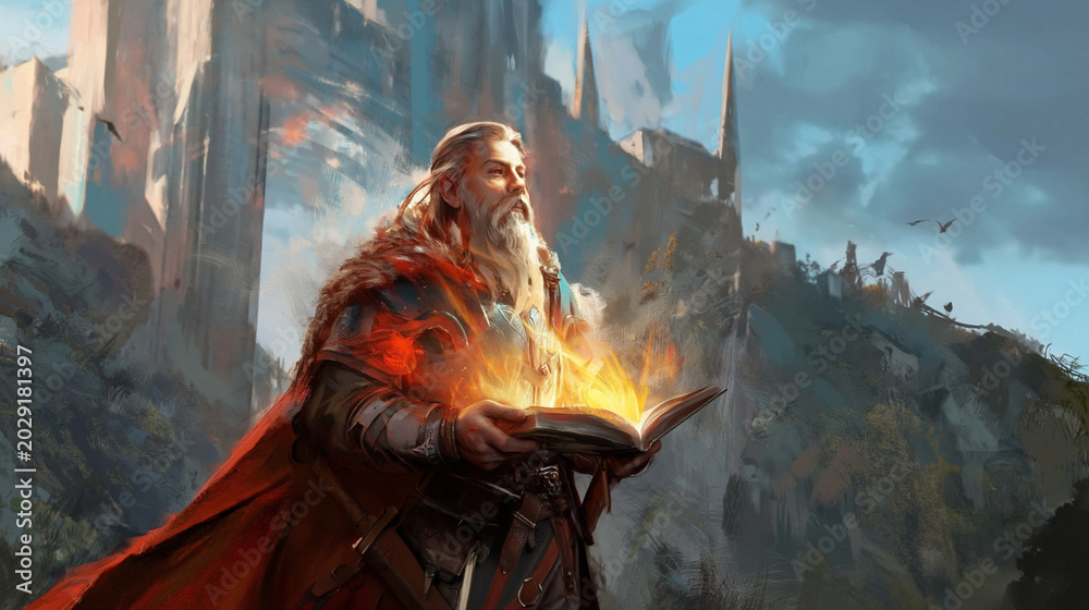 Fototapeta premium Ancient Sorcerer's Grimoire: A wise old sorcerer with a flowing beard and a crimson cloak conjures mystical energy from an ancient, glowing tome. Behind him.